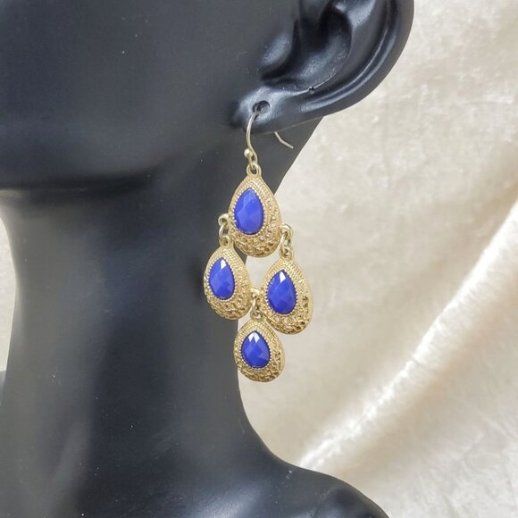 Antique-Style Gold & Blue Teardrop Dangle Earrings - Picture 2 of 5